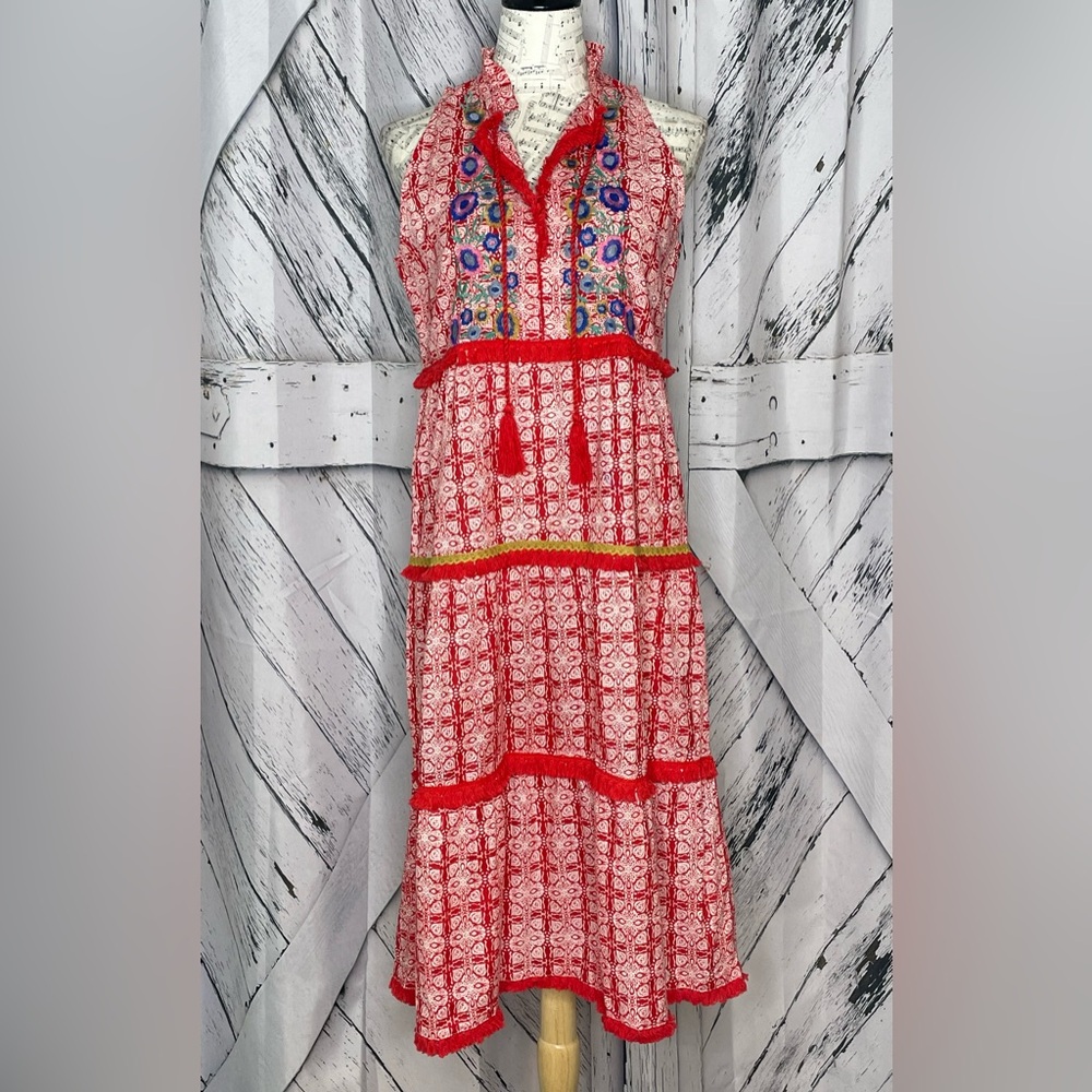 Adrift Tiered Sleeveless Dress Embroidered & Fringed Size S